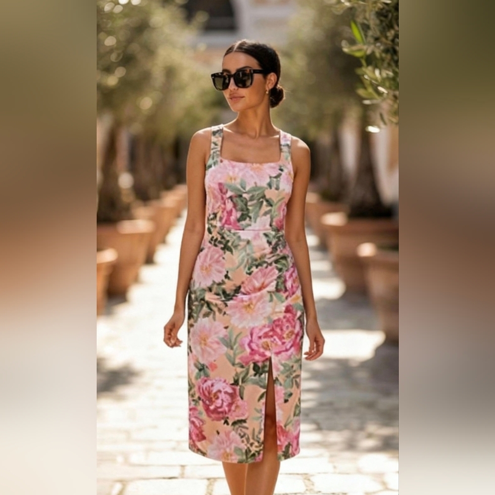 Floral Botanical Satin Sheath Strappy Midi dress size 16 nwt